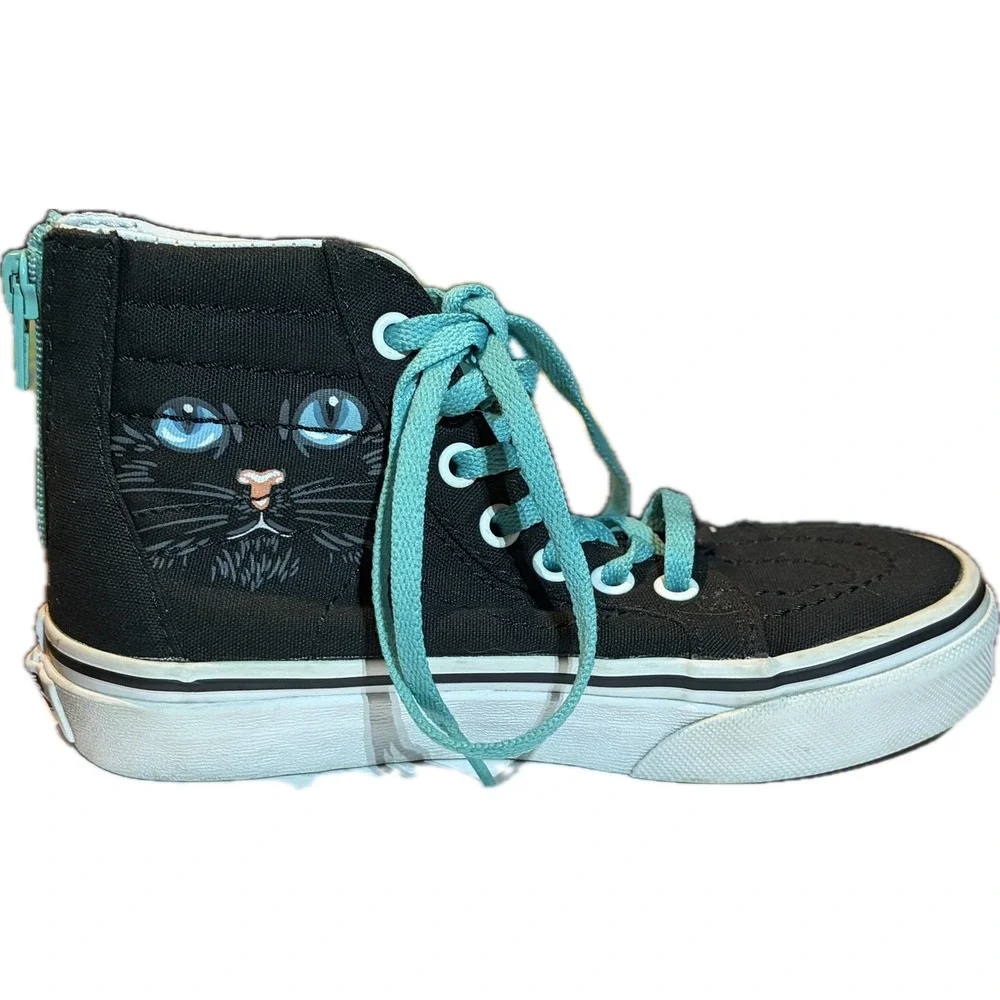 Vans Sk8-Hi Zip Black Cat Teal High Top Skate Shoes Kids Size 12